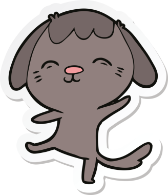 Bir insan tarafından çizilmiş mutlu, dans eden bir köpeğin çıkartması.