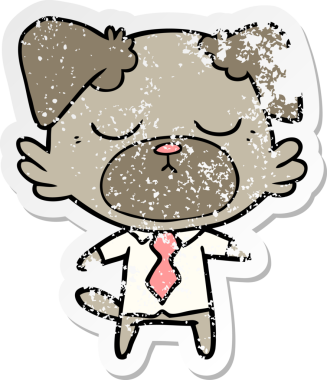 Bir insan tarafından çizilmiş ofis gömleği giyen sevimli bir köpeğin sıkıntılı çıkartması.