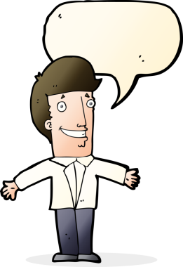 Bir insan tarafından çizilmiş konuşma balonuyla kolları açık sırıtan çizgi film adamı.