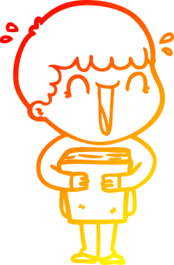 Bir insan tarafından çizilmiş kitabı tutan gülen bir karikatürcünün sıcak çizgi çizimi