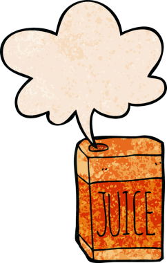 Bir insan tarafından çizilmiş eski moda konuşma baloncuklu çizgi film meyve suyu kutusu.