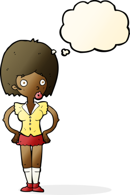 Bir insan tarafından çizilmiş düşünce baloncuğu olan elleri kalçasında çizgi film kadını.