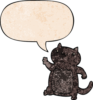 Konuşma baloncuğu olan çizgi film kedisi insan tarafından çizilmiş eski moda dokular.