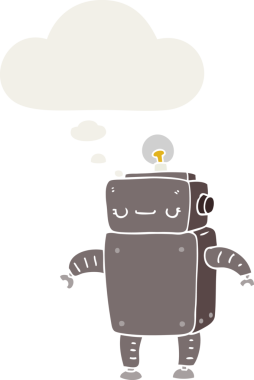 Düşünce baloncuğu olan karikatür robotu insan tarafından çizilmiş.