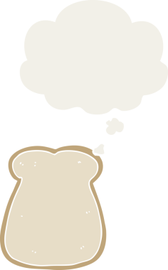 bir insan tarafından çizilmiş, düşünce baloncuklu bir ekmek dilimi.