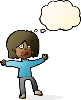 Bir insan tarafından çizilmiş düşünce baloncuğu olan korkmuş bir çizgi film karakteri.