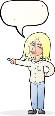 Bir insan tarafından çizilmiş bir konuşma balonuyla işaret eden çizgi film kadını.