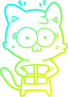 Soğuk gradyan çizgi film çizimi. Bir insan tarafından çizilmiş Noel hediyeli sürpriz kedi.