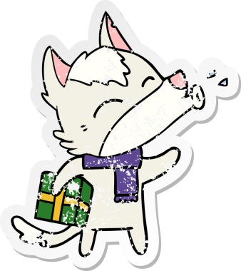 Uluyan bir kurdun sıkıntılı çıkartması ve bir insan tarafından çizilmiş noel hediyesi.