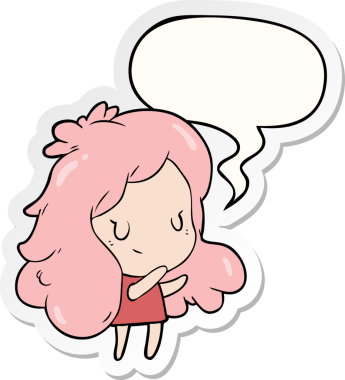 Bir insan tarafından çizilmiş konuşma kabarcığı çıkartmalı şirin bir çizgi film kızı.