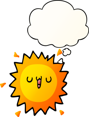 Düşünce baloncuklu karikatür güneşi bir insan tarafından çizilmiş.