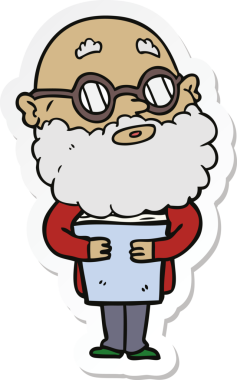 Bir insan tarafından çizilmiş sakallı ve gözlüklü meraklı bir adamın çıkartması.