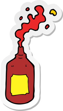 Bir insan tarafından çizilmiş ketçap şişesi fışkırtan bir karikatür çıkartması.