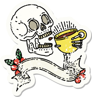 Bir insanın çizdiği kahveyi içen bir kafatası pankartı olan eski bir etiket.