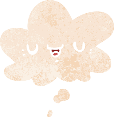 Mutlu çizgi film yüzü, insan tarafından çizilmiş grunge dertli retro tarzı ile düşünce baloncuğu