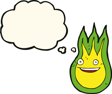 Bir insan tarafından çizilmiş düşünce baloncuklu çizgi film arkadaşı alev topu.