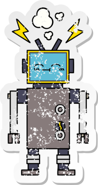 Bir insan tarafından çizilmiş sevimli bir robot çizgi film çıkartması.