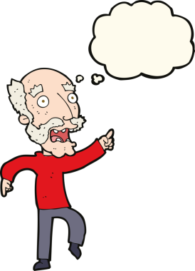 Çizgi film, bir insan tarafından çizilmiş düşünce balonuyla korkmuş yaşlı bir adam.
