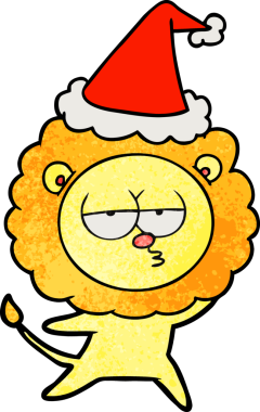 Bir insan tarafından çizilmiş Noel Baba şapkası takan sıkılmış bir aslanın el çizimi karikatürü.