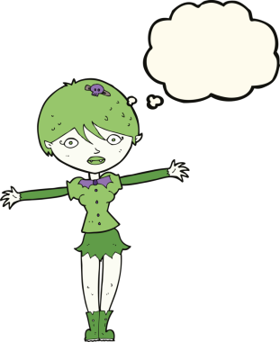 Bir insan tarafından çizilmiş düşünce balonlu vampir kız.