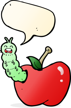 bir insan tarafından çizilmiş konuşma balonlu elma yiyen çizgi film böceği