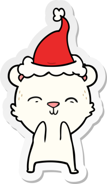 Bir insan tarafından çizilmiş Noel Baba şapkası giyen bir kutup ayısının mutlu el çizimi karikatürü.