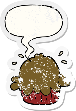 Konuşma baloncuğu olan şirin bir çizgi film pastası bir insan tarafından çizilmiş sıkıntılı eski bir çıkartma.