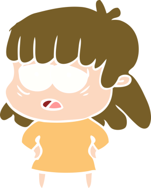 Düz renkli çizgi film. Bir insan tarafından çizilmiş yorgun kadın.