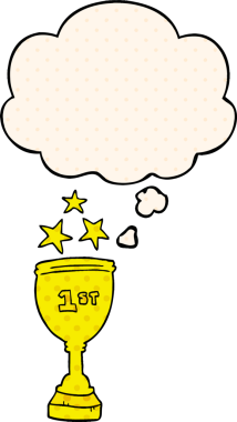 Bir insan tarafından çizilmiş, düşünce baloncuklu çizgi roman spor kupası.