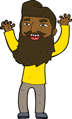 Çizgi film mutlu sakallı adam bir insan tarafından çekilen kolları sallıyor.