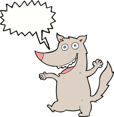 Bir insan tarafından çizilmiş konuşma balonlu mutlu kurt çizgi filmi.