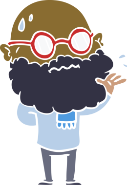 Düz renkli çizgi film. Sakallı ve gözlüklü endişeli bir adam. Bir insan çizmiş.