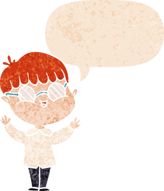 Çizgi filmci çocuk gözlük takıyor, konuşma baloncuğu ile grunge 'da sıkıntılı eski tarz bir insan tarafından çizilmiş