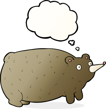 Bir insan tarafından çizilmiş düşünce baloncuklu komik çizgi film ayısı.