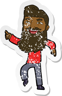 Bir insan tarafından çizilmiş, gülen ve işaret edilen sakallı bir karikatürcünün retro sıkıntılı çıkartması.