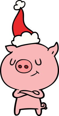 Bir insan tarafından çizilmiş Noel Baba şapkası takan bir domuzun çizdiği mutlu el çizgisi.