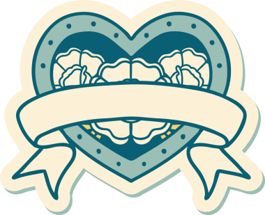 Geleneksel kalp stili dövme çıkartması ve bir insan tarafından çizilmiş çiçekli pankart.