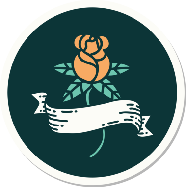 Bir insan tarafından çizilmiş gül ve pankartın geleneksel stiliyle dövme çıkartması.