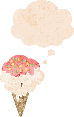 Düşünce baloncuklu çizgi film dondurması grunge sıkıntılı retro desenli bir insan tarafından çizilmiş