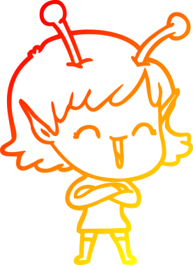 Bir insan tarafından çizilmiş mutlu bir uzaylı kızın çizgi çizimi.