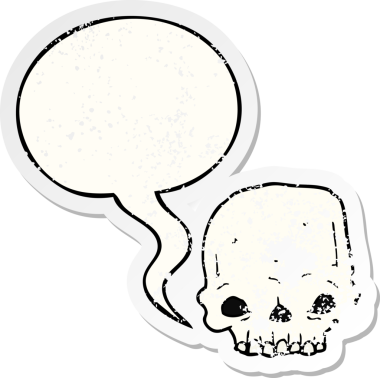 Bir insan tarafından çizilmiş, sıkıntılı, eski bir çıkartma olan, konuşma baloncuklu, karikatürlü korkunç kafatası.