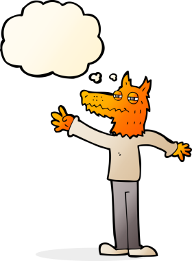 Bir insan tarafından çizilmiş düşünce balonlu tilki sallayan çizgi film.