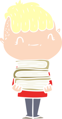 Düz renkli çizgi film karakteri, bir insan tarafından çizilmiş kitapları olan çocuk.