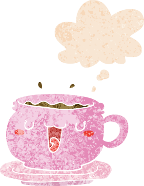 Bir insan tarafından çizilmiş grunge sıkıntılı retro tarzı düşünce baloncuğu ile sevimli çizgi film fincanı ve fincan tabağı