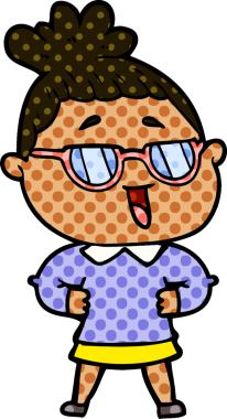 Bir insan tarafından çizilmiş gözlüklü mutlu kadın çizgi filmi.