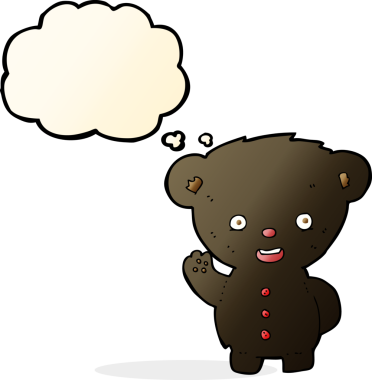 Bir insan tarafından çizilmiş düşünce baloncuğu ile siyah ayı yavrusunu sallayan çizgi film.