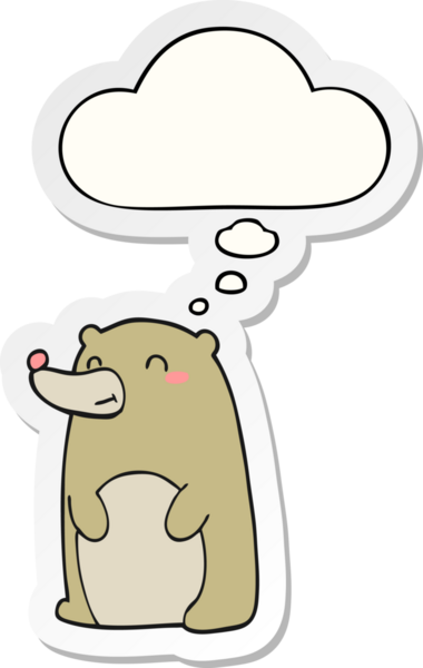 İnsan tarafından çizilmiş bir çıkartma gibi düşünce baloncuğu olan sevimli çizgi film ayısı.