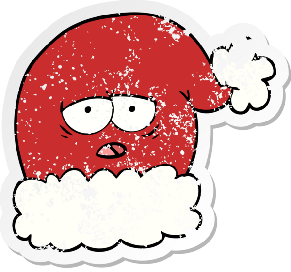 Bir insan tarafından çizilmiş yorgun yüzlü Noel Baba şapkasının sıkıntılı çıkartması.