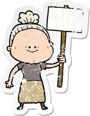 Bir insan tarafından çizilmiş mutlu, yaşlı bir kadının sıkıntılı çıkartması.