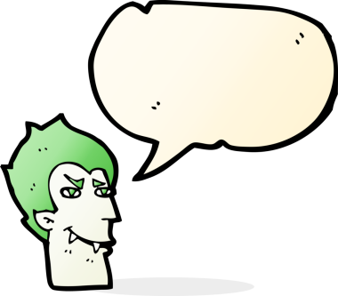 Bir insan tarafından çizilmiş konuşma balonlu vampir yüzü.